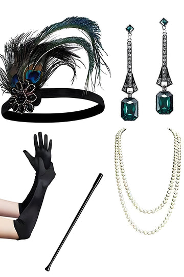 Preto Verde Lantejoulas Fringe V Neck 1920s Vestido com 5-Piece Acessórios set